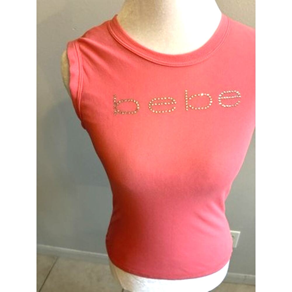 Y2K Bebe Sheer Mesh Tank Top M Rhinestone Bling Logo Spell-out Peach Lined RARE